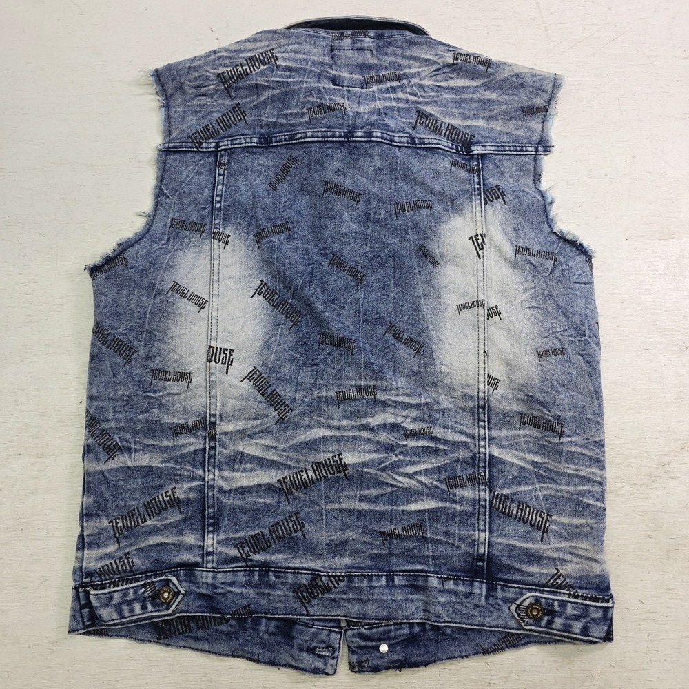 Jewel House AOP Logo Jean Jacket Distressed Wash Denim Button Vest Men's XL - Picture 7 of 10